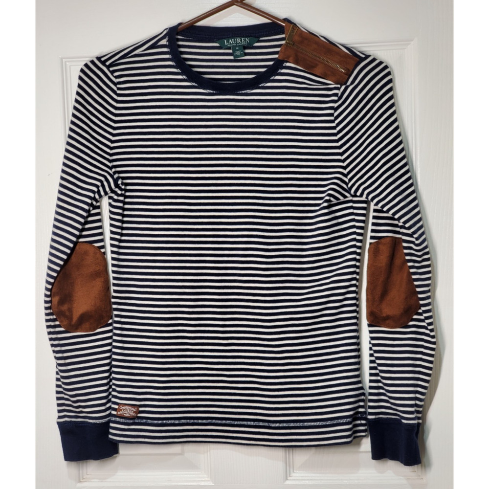 Lauren Ralph Lauren Women's Medium Stripe Long Sleeve Top Suede Elbow Patches